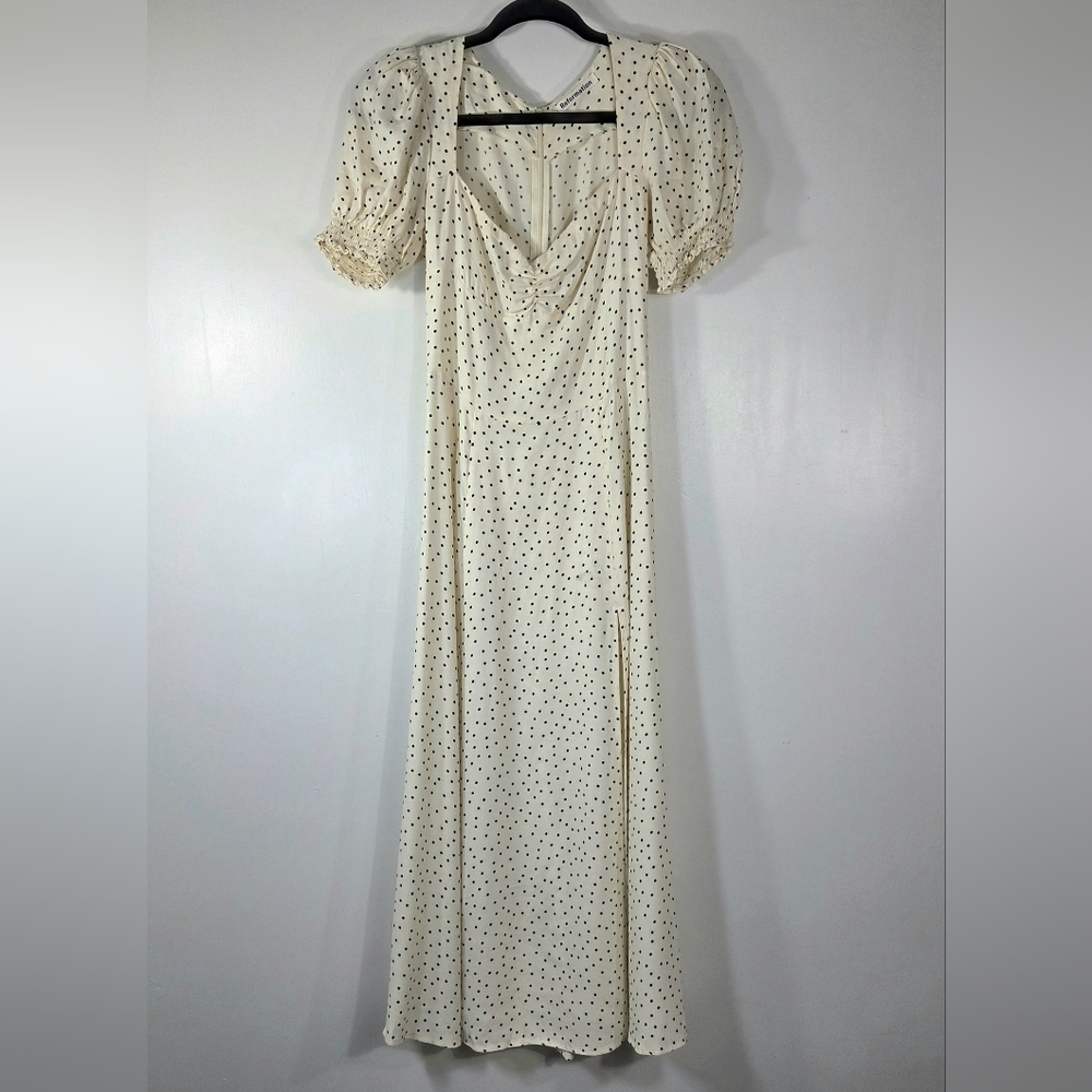 Reformation Cream Midi Dress with Black Polka Dots